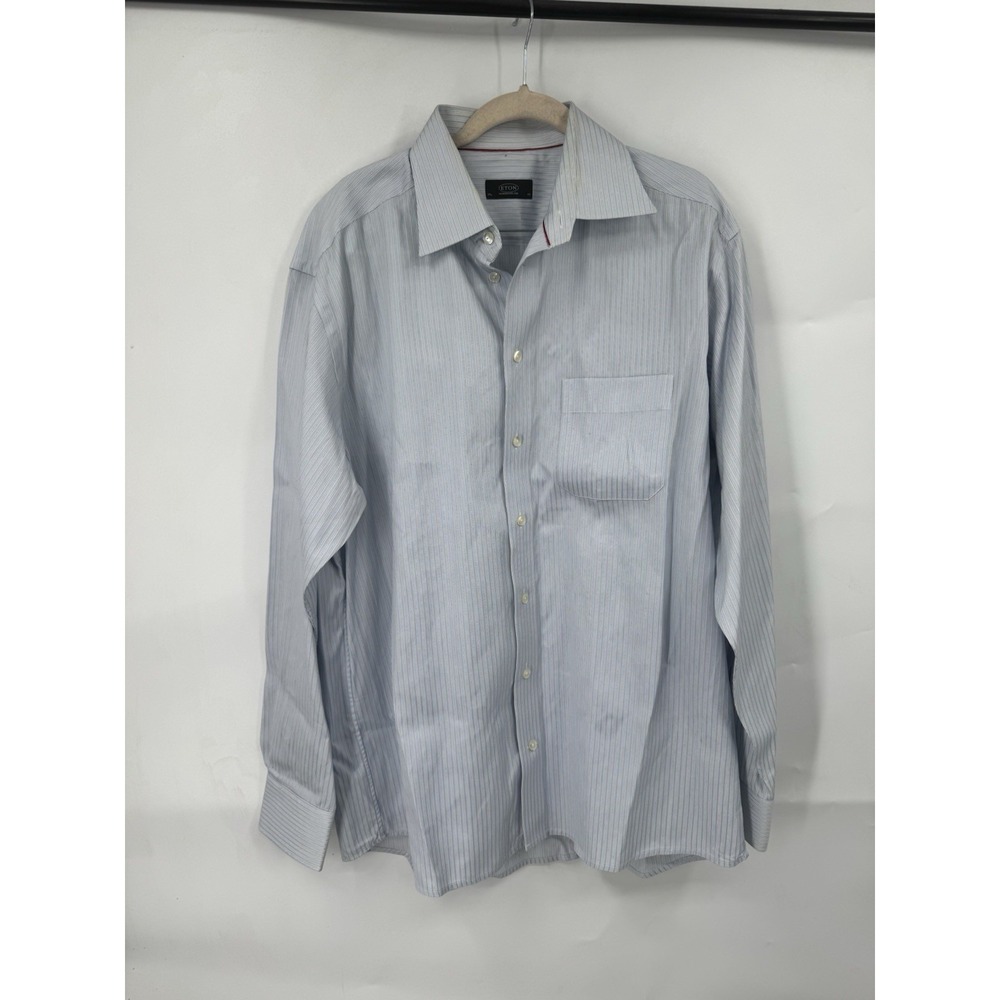 Eton Button‎ Down Long Sleeve Dress Shirt Men 17 1/2 44 Blue Flawed Formal